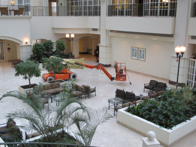 A basket lift in the middle of a lobby at Chateau Elan.