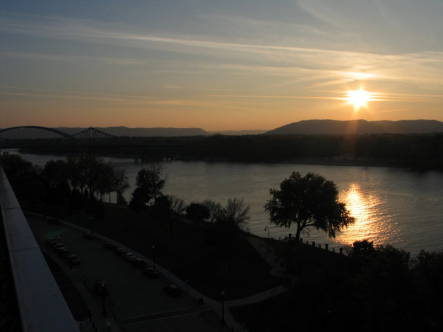 A sunset in La Crosse, Wisconsin over an unnamed river.