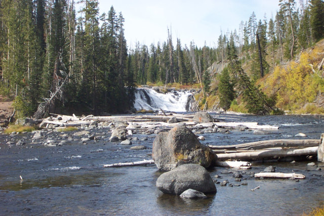 Waterfall, trees, rocks.