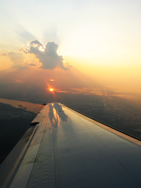 Sunset over Mississippi River from a plane.